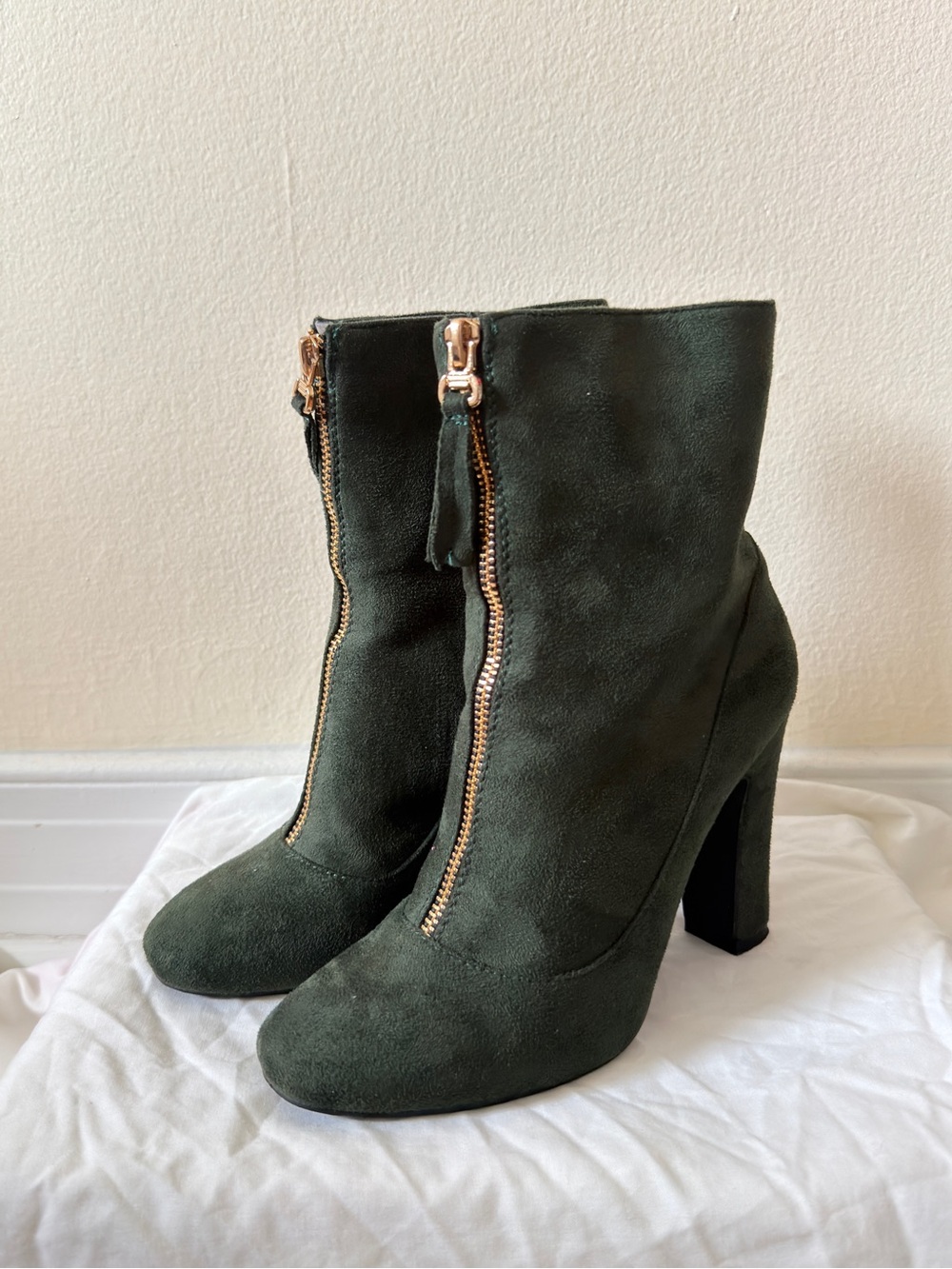 Public Desire Dark Green Suede Front-Zip Block Heel Ankle Boots